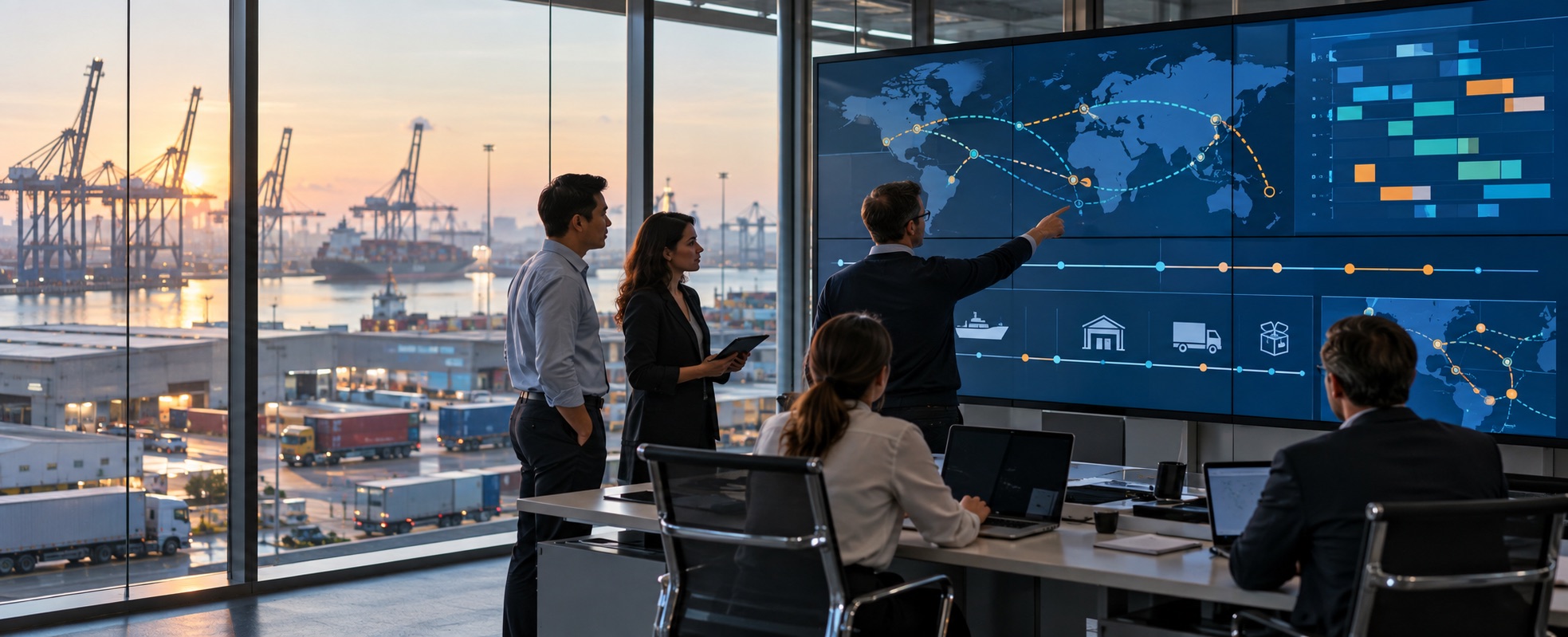 Team coordinating a global supply chain beside a container port